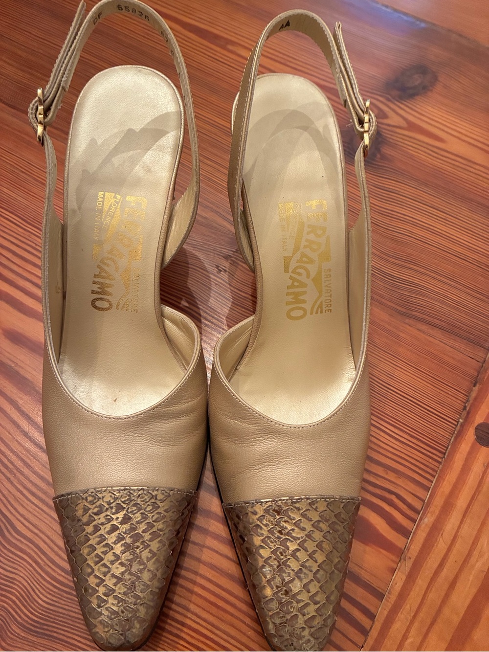 Salvatore Ferragamo Gold and Brown Snake-Effect Slingback Pumps